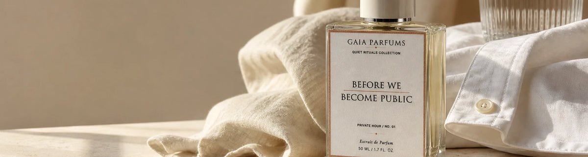 The Quiet Rituals Collecton banner with Before we become Public bottle of 50ml by GAIA Parfums