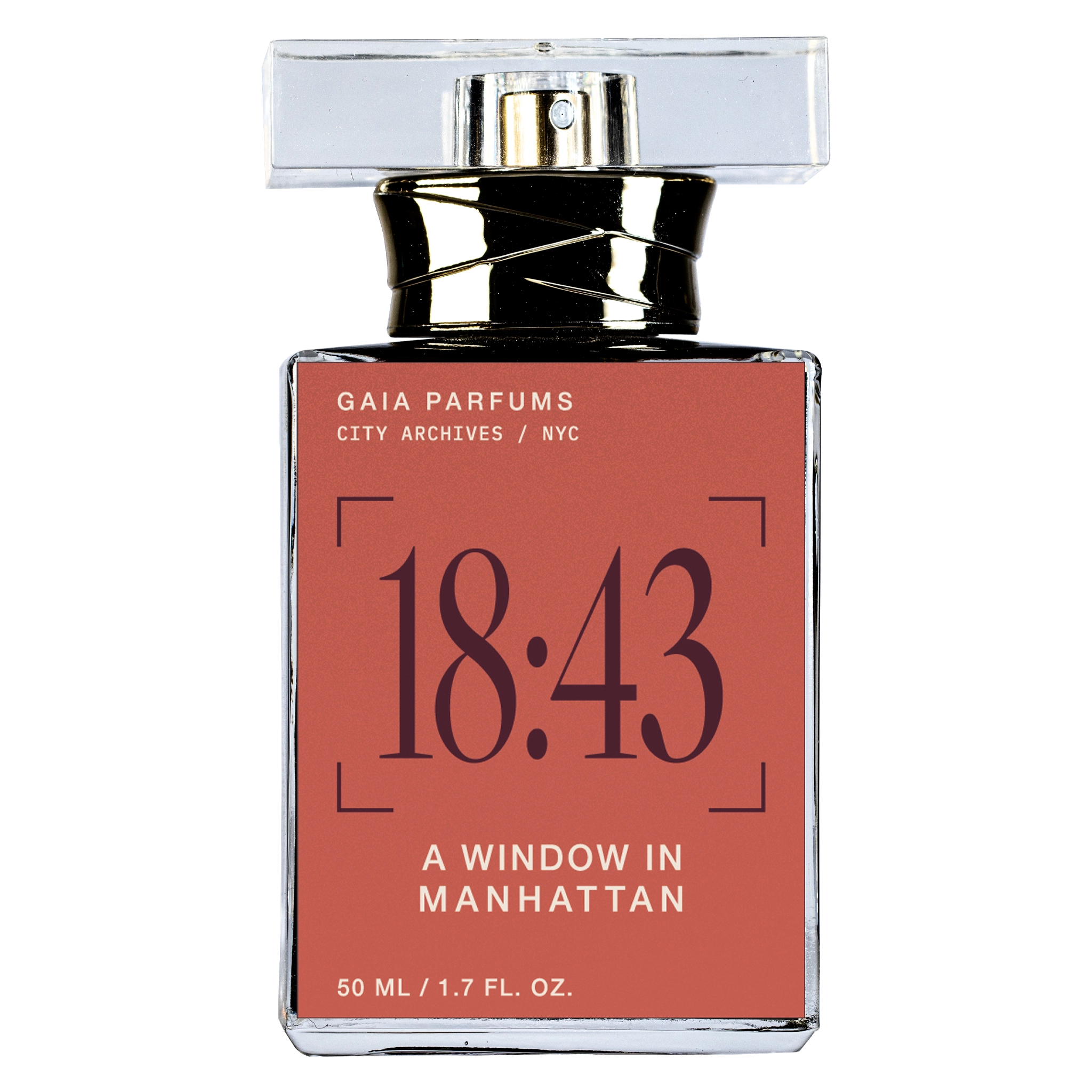 A Window in Manhattan by GAIA Parfums perfume bottle featuring the 18:43 City Archives label.