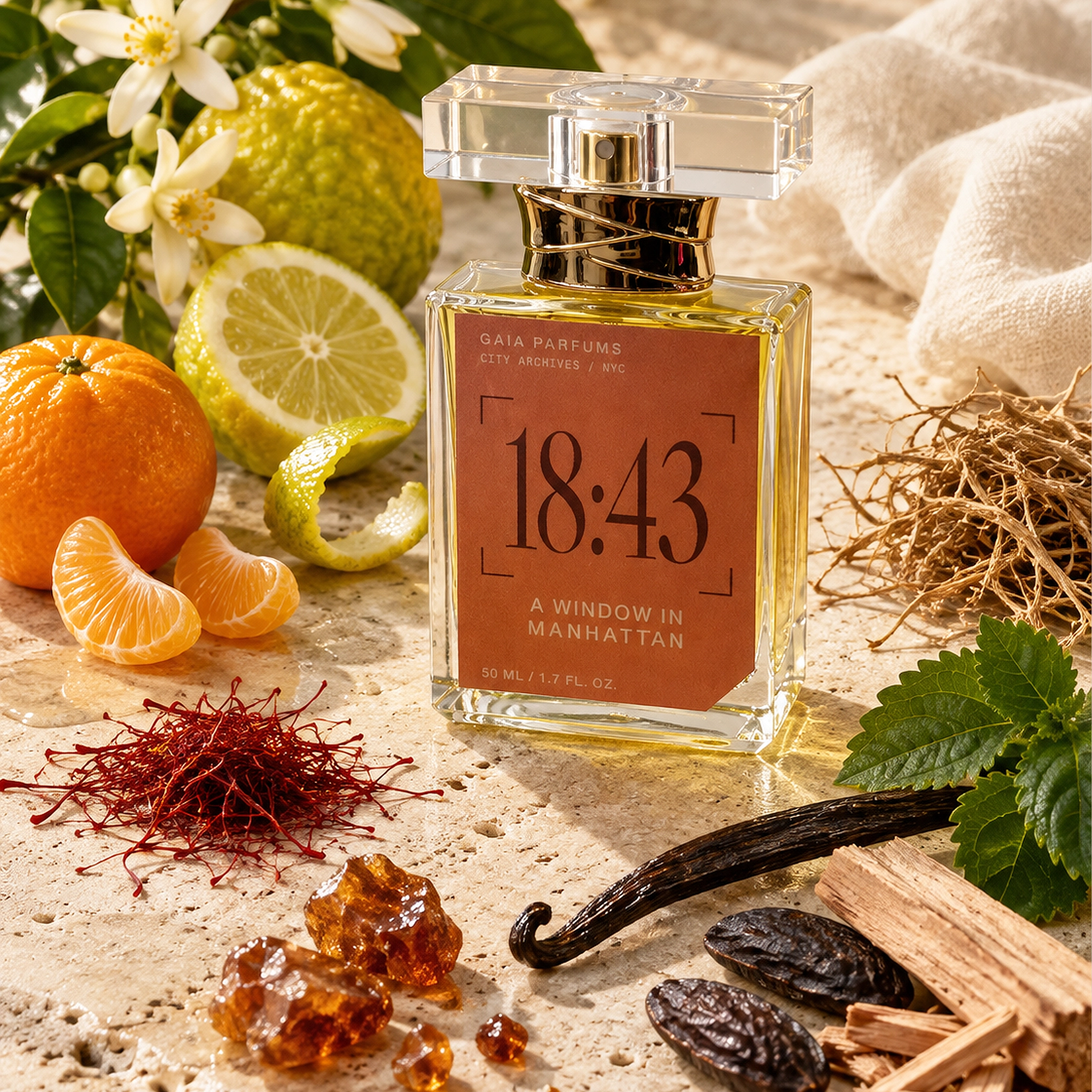 A Window in Manhattan by GAIA Parfums photographed beside LUMINOUS CITRUS, SAFFRON, MUSK AND VETIVER, and RESINOUS WOODS.