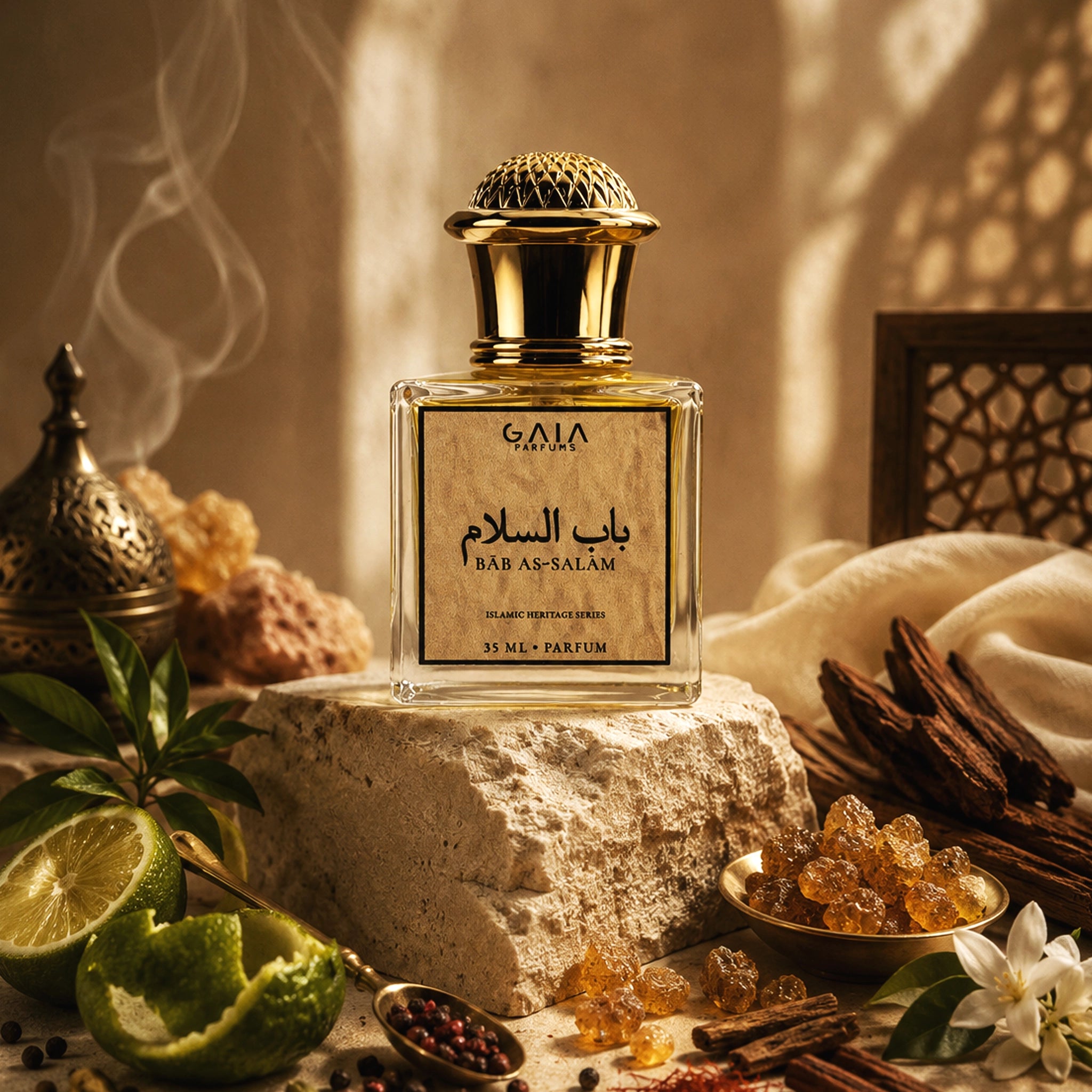 A rectangular glass perfume bottle with a gold cap and a beige label reading GAIA PARFUM and BAB AS-SALAM, styled on a stone pedestal with citrus, spices, and warm ambient lighting.