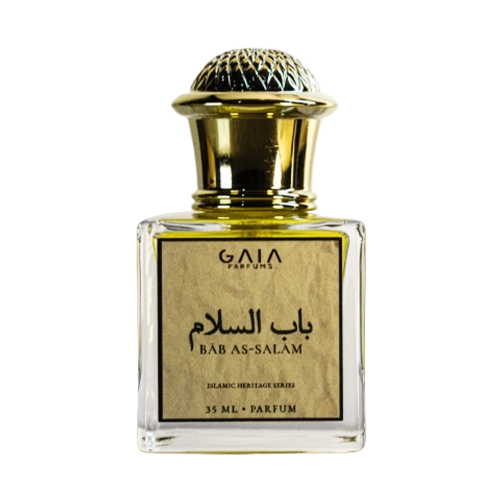 Bāb as-Salām by GAIA Parfums, an Islamic Heritage Series perfume in a square glass bottle with amber liquid and gold cap.