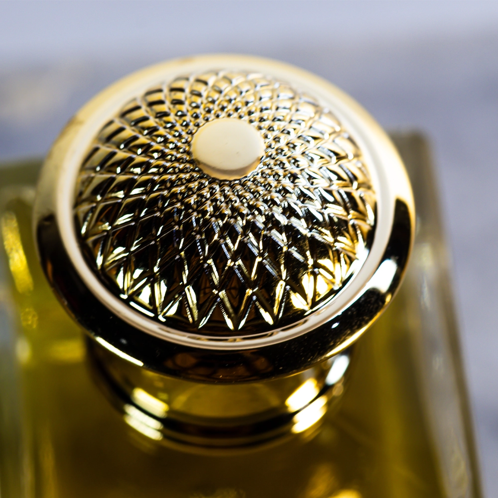 Bāb as-Salām by GAIA Parfums, an Islamic Heritage Series perfume with amber liquid and gold cap.