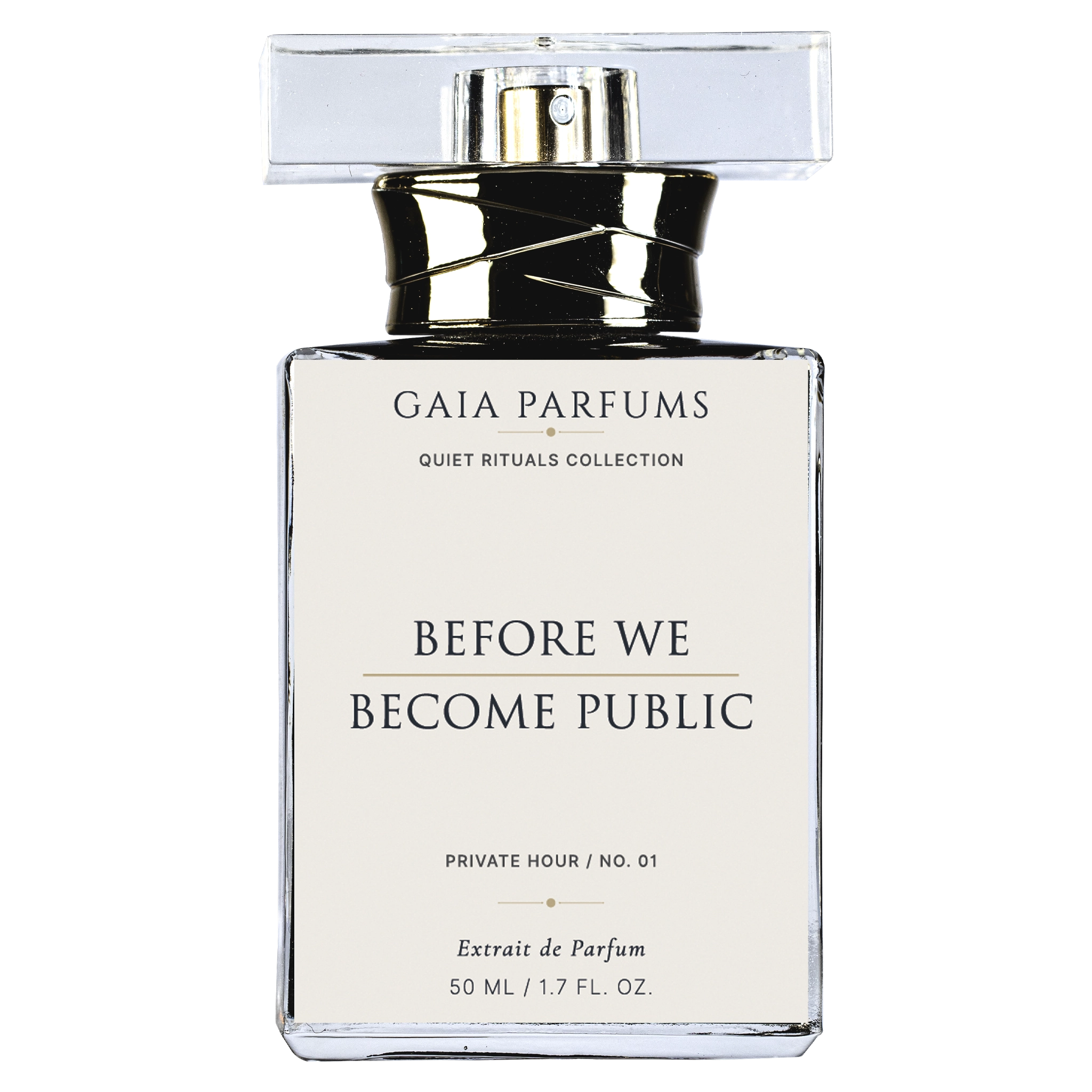 Gaia Parfums perfume bottle labeled 'Before We Become Public' on a white background. Before We Become Public perfume from The Quiet Rituals Collection by GAIA Parfums. 50ml