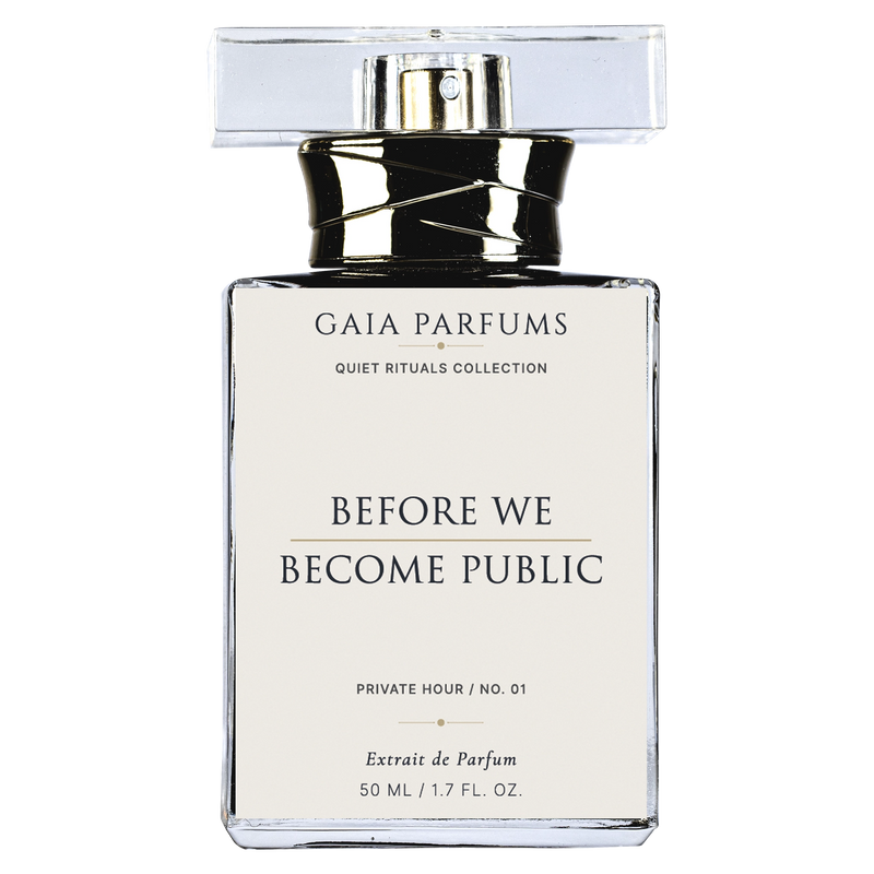 Gaia Parfums perfume bottle labeled 'Before We Become Public' on a white background. Before We Become Public perfume from The Quiet Rituals Collection by GAIA Parfums. 50ml