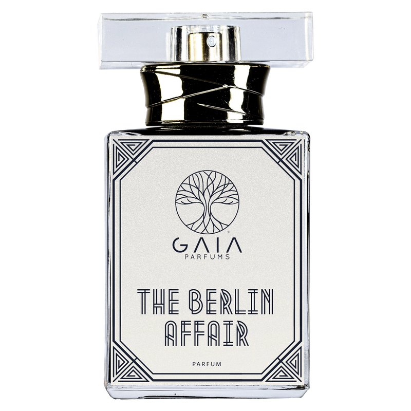 The Berlin Affair by GAIA Parfums perfume bottle with a dark citrus aquatic fragrance mood.