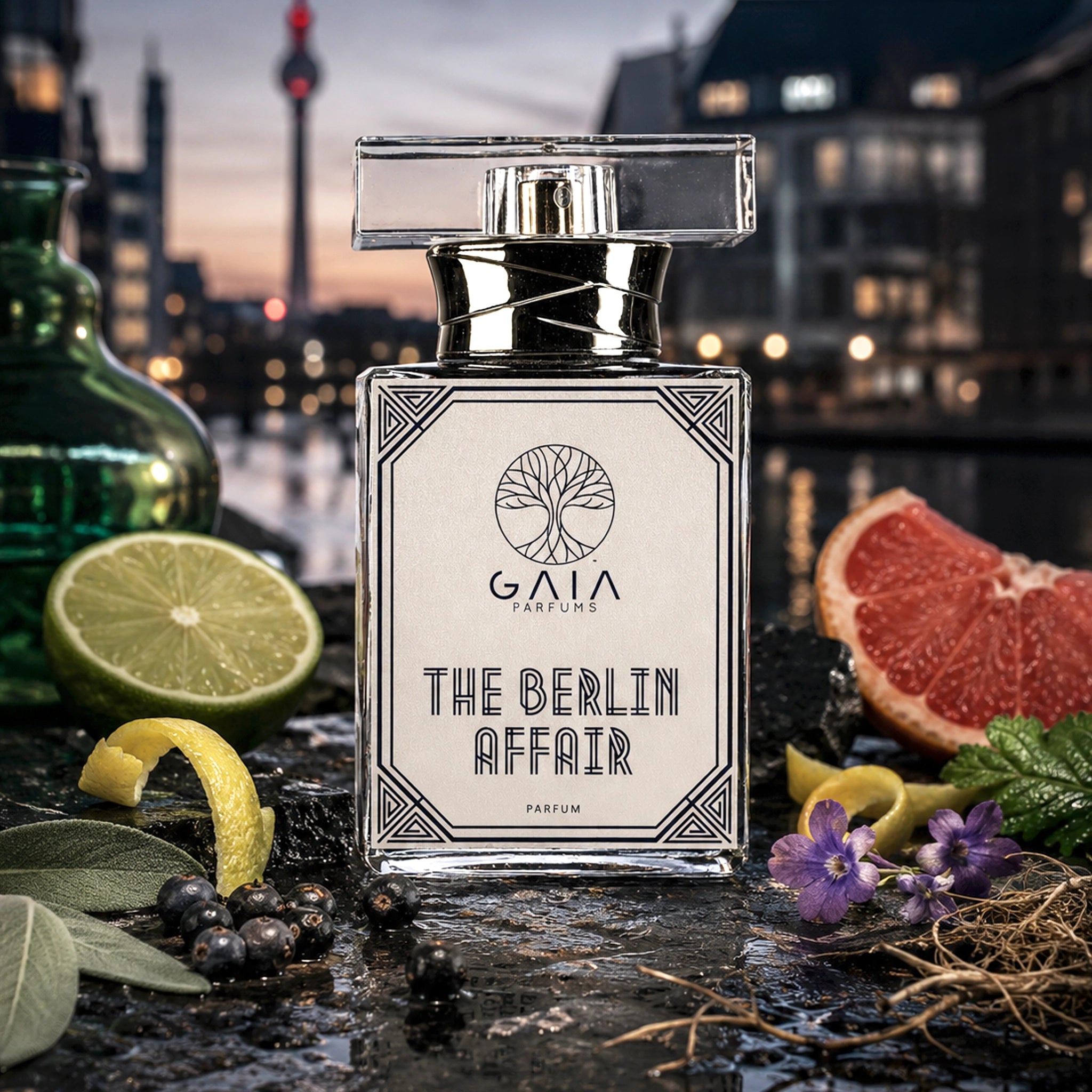 GAIA Parfums The Berlin Affair Eau de Parfum bottle styled with cinematic Berlin-inspired lighting.