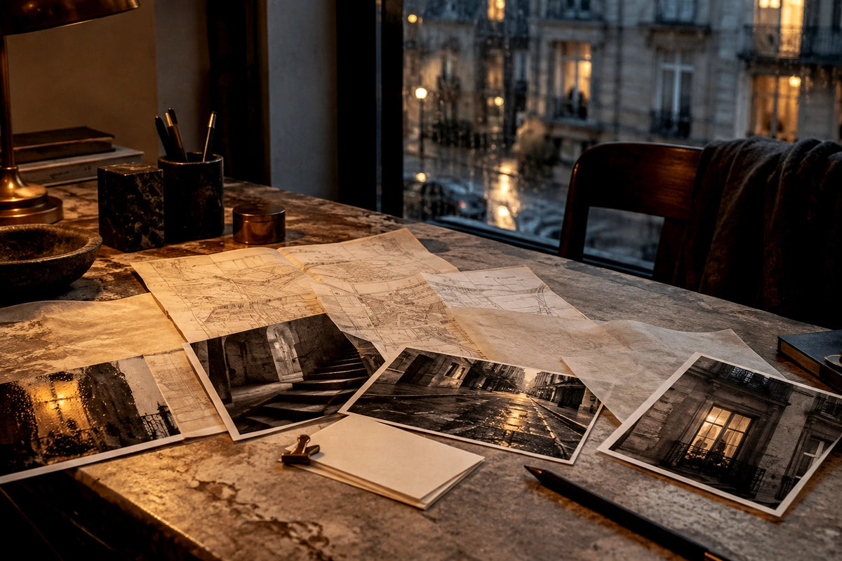 Archival city photographs, architectural papers and urban fragments representing the City Archives Collection by GAIA Parfums.