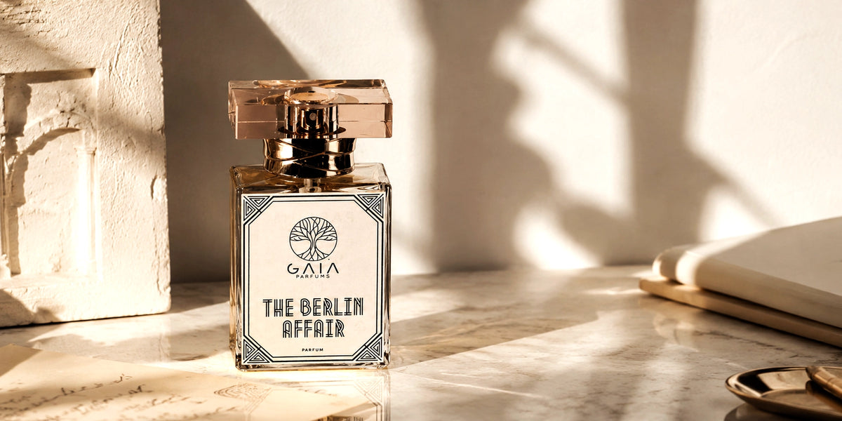 Perfume bottle labeled 'The Berlin Affair' by GATA on a wooden surface with soft lighting. City Archives Collection Banner