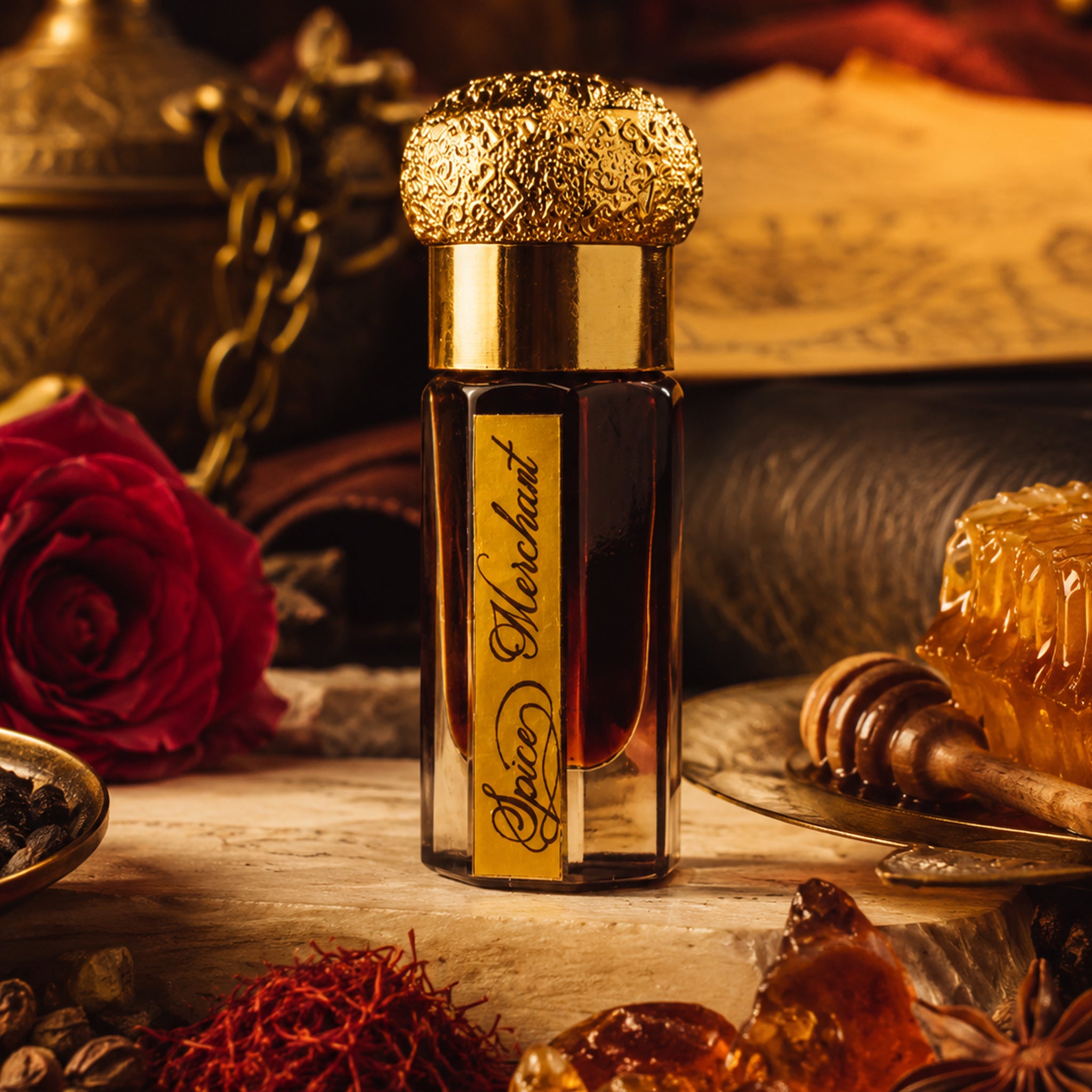 Perfume bottle labeled 'Spiced Merchant' with red rose, honeycomb, and spices on a wooden surface. Spice Merchant Attar by GAIA Parfums, a Silk Route-inspired natural attar with Indian spices, saffron, rose, resins, honey and leather