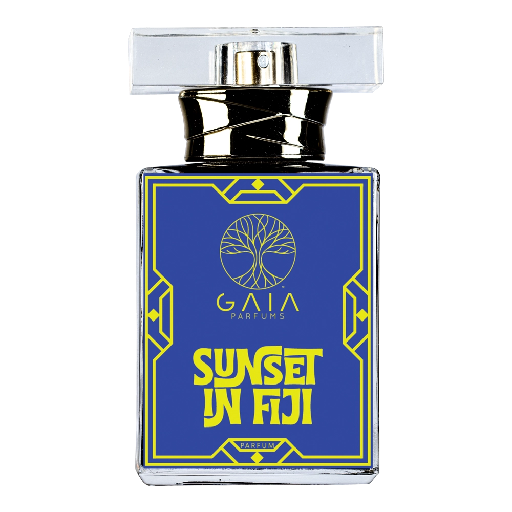 Sunset in Fiji by GAIA Parfums bottle with tropical citrus woody perfume inspired by Fiji, featuring yuzu, mandarin, jasmine, sandalwood, musk, and Haitian vetiver.