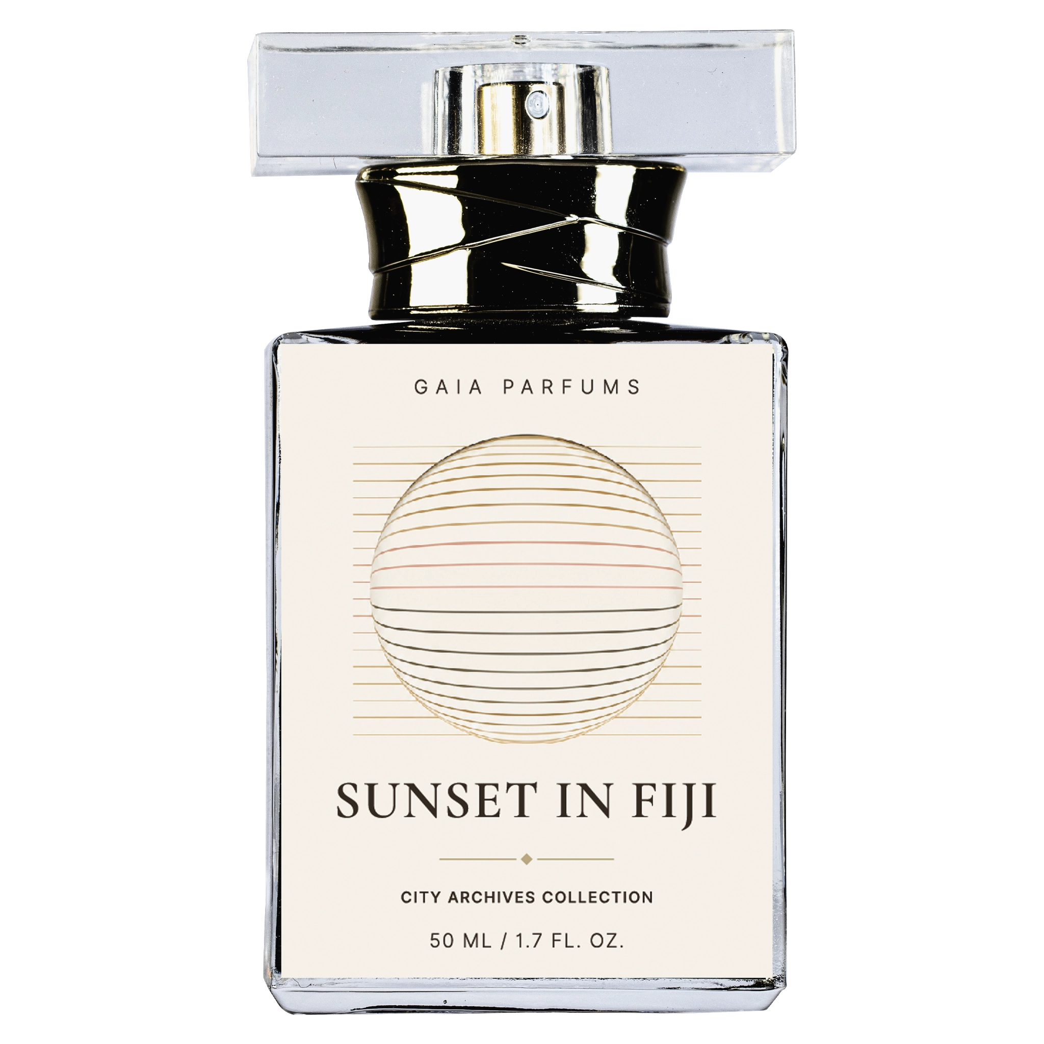 Gaia Parfums Sunset in Fiji City Archives Collection 50 ml perfume bottle. The rectangular glass bottle features a cream-colored label with a gold circular line design and black text, topped with a black and clear cap. Sunset in Fiji by GAIA Parfums bottle with tropical citrus woody perfume inspired by Fiji, featuring yuzu, mandarin, jasmine, sandalwood, musk, and Haitian vetiver.