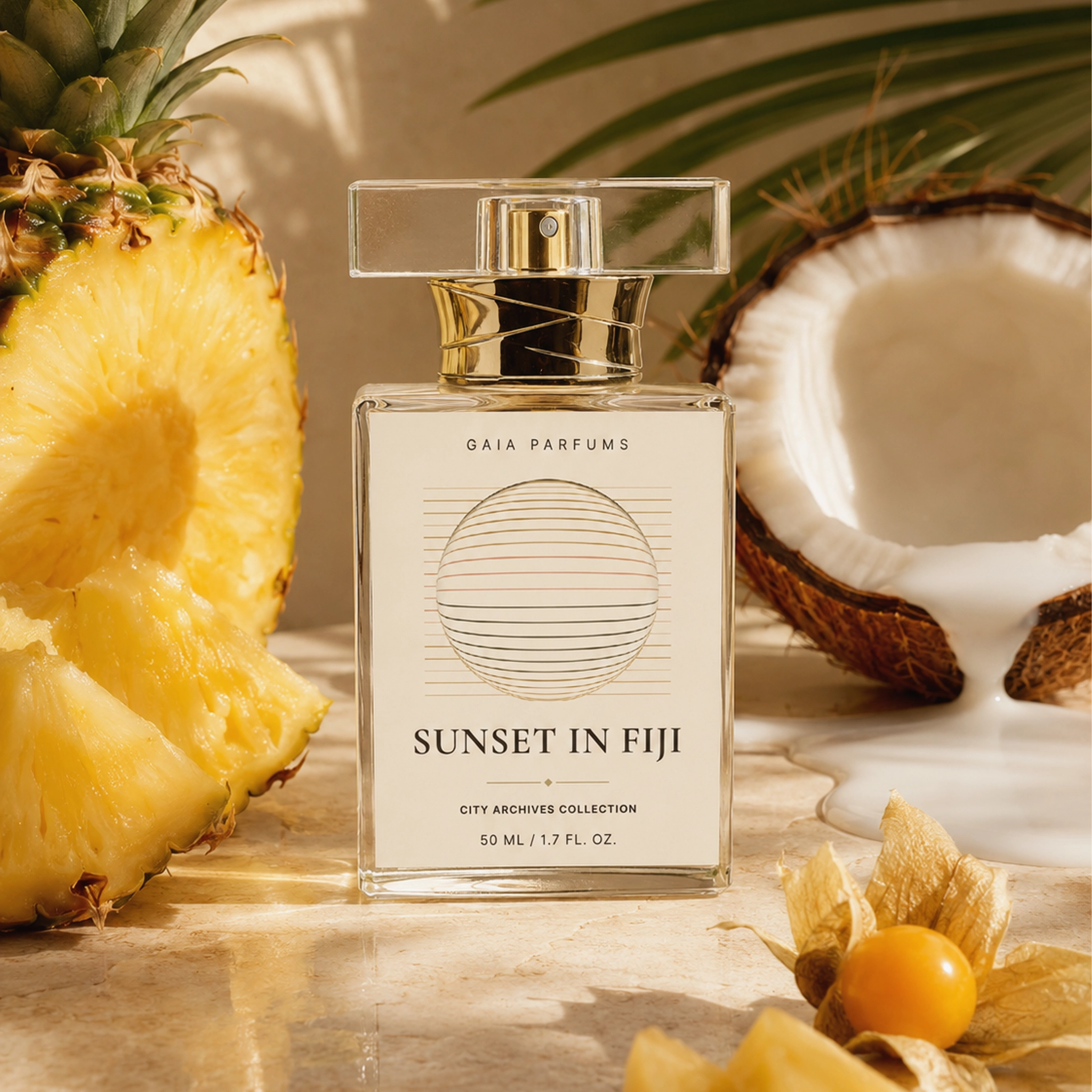 A clear rectangular perfume bottle labeled 'SUNSET IN FIJI' by Gaia Parfums, styled on a warm stone surface with pineapple slices, a halved coconut, and a dried fruit husk around it. Perfume bottle labeled 'Sunset in Fiji' with a pineapple, coconut, and flower in the background. Sunset in Fiji by GAIA Parfums bottle with tropical citrus woody perfume inspired by Fiji, featuring yuzu, mandarin, jasmine, sandalwood, musk, and Haitian vetiver.