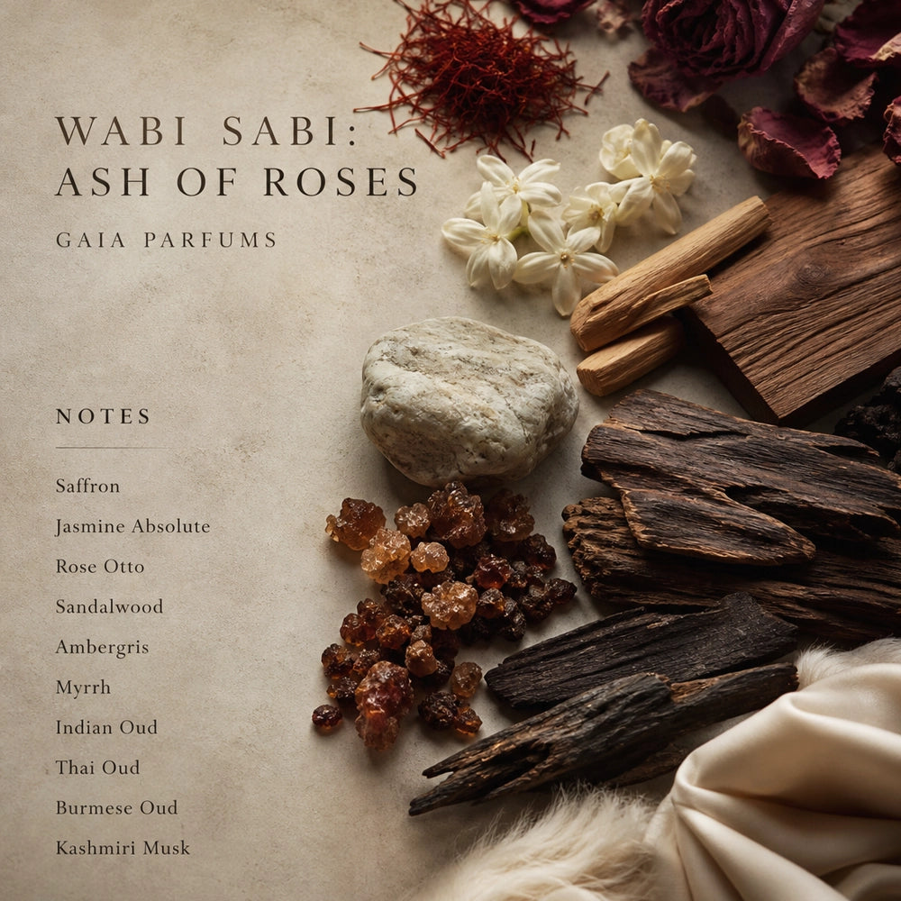 GAIA Parfums Wabi Sabi: Ash of Roses fragrance packaging with natural ingredients on a textured background.