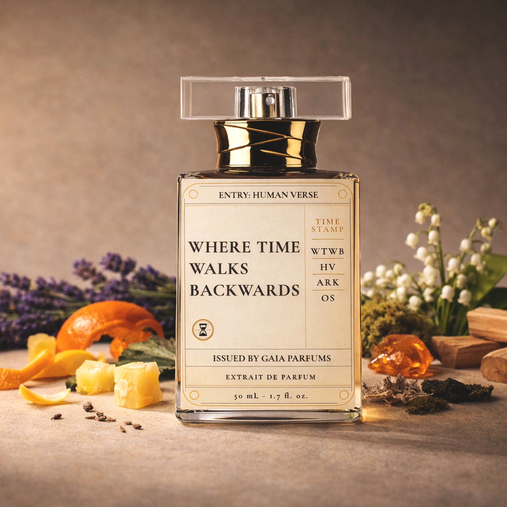 Perfume bottle labeled 'Where Time Walks Backwards' by Gaia Parfums on a wooden surface with flowers and candles.